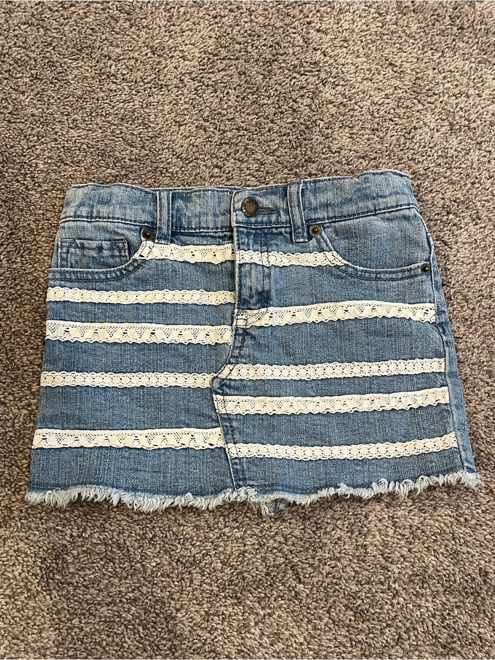 Lucky Brand Sofia Mini Denim Skirt Girls Size 6 Lace Trim Frayed Hem